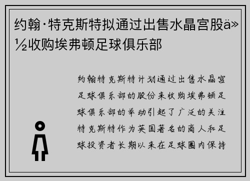 约翰·特克斯特拟通过出售水晶宫股份收购埃弗顿足球俱乐部 约翰·特克斯特拟通过出售水晶宫股份收购埃弗顿足球俱乐部
