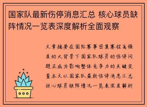 国家队最新伤停消息汇总 核心球员缺阵情况一览表深度解析全面观察